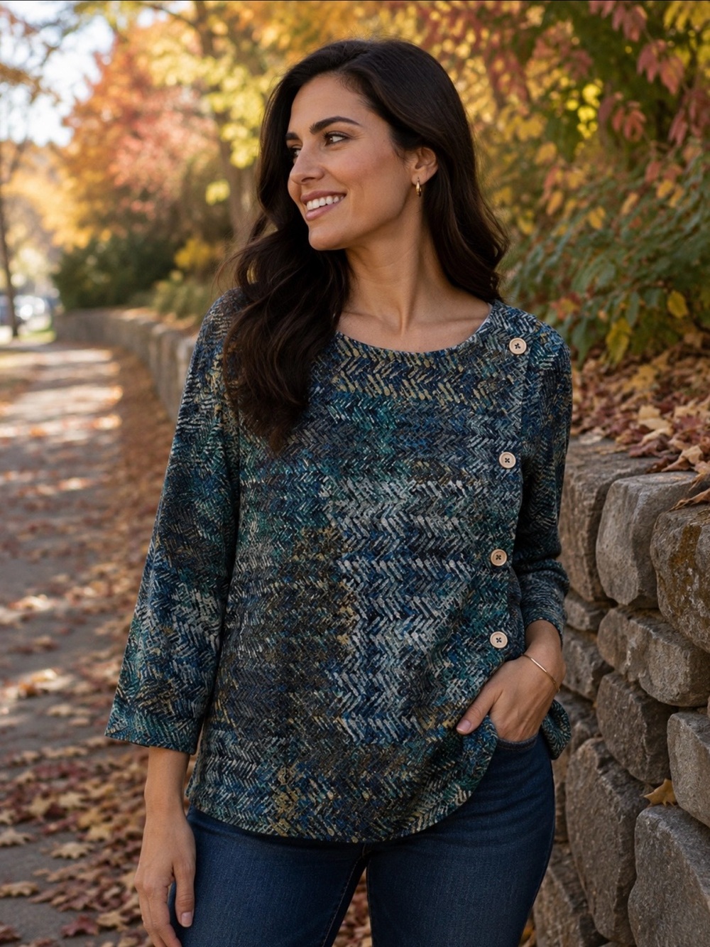 Adrienne Vittadini Teal Blue Patterned Button-Accent Knit Top
